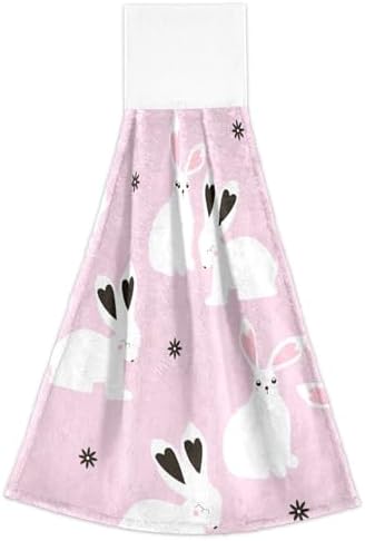 OTVEE Chic White Bunny Pattern Hanging Kitchen Towels 2 Pieces
