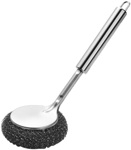 GXFCCStainless Steel Long-Handled Brush Pot Washer Kitchen Helper with 4 Replaceable Heads