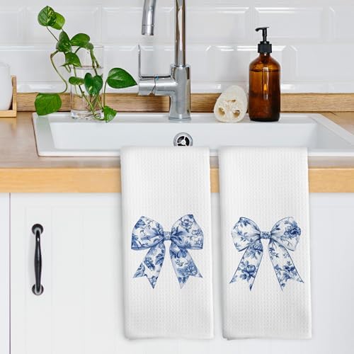 Chinoiserie Bows Set of 2 Trendy Preppy Blue and White Bow Dish Towels