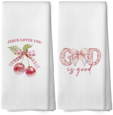 Coquette Bow Christian Dish Towels Set of 2 Pink Girly Kitchen Essentials