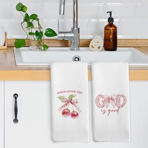 Coquette Bow Christian Dish Towels Set of 2 Pink Girly Kitchen Essentials
