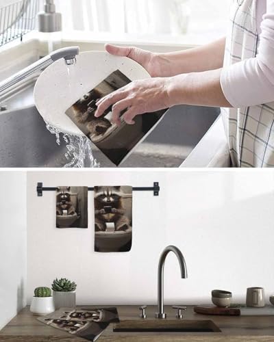 Funny Raccoon Waffle Kitchen Towels Set - 3 in Brown