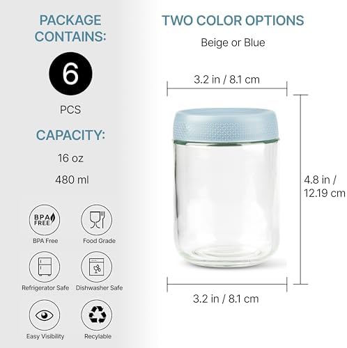 CO Essentials 16 Oz Glass Jars with Airtight Lids - 6 Pack Blue