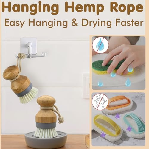 RIMAYBamboo Dish Palm Brush with Holder Set - 2-Pack for Kitchen Cleaning