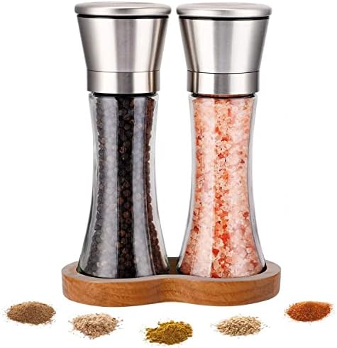 LessMo 2Pcs Salt and Pepper Grinder Set with Wooden Tray
