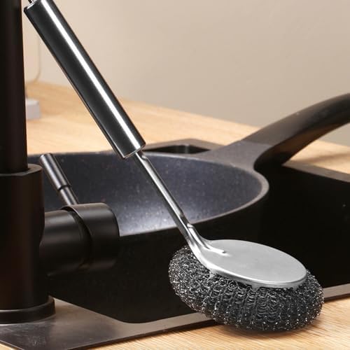 GXFCCStainless Steel Long-Handled Brush Pot Washer Kitchen Helper with 4 Replaceable Heads