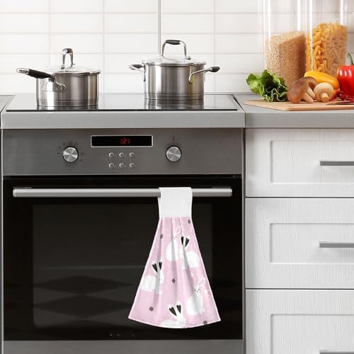 OTVEE Chic White Bunny Pattern Hanging Kitchen Towels 2 Pieces