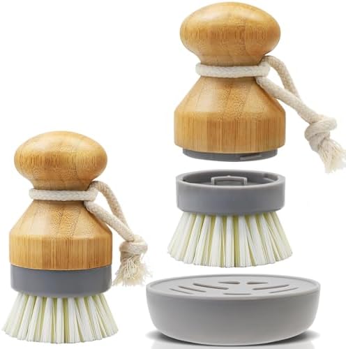 RIMAYBamboo Dish Palm Brush with Holder Set - 2-Pack for Kitchen Cleaning