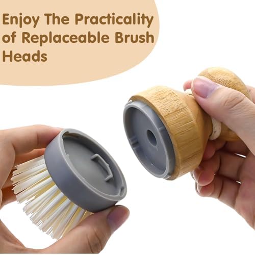 RIMAYBamboo Dish Palm Brush with Holder Set - 2-Pack for Kitchen Cleaning