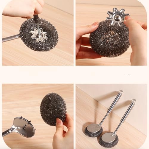 GXFCCStainless Steel Long-Handled Brush Pot Washer Kitchen Helper with 4 Replaceable Heads