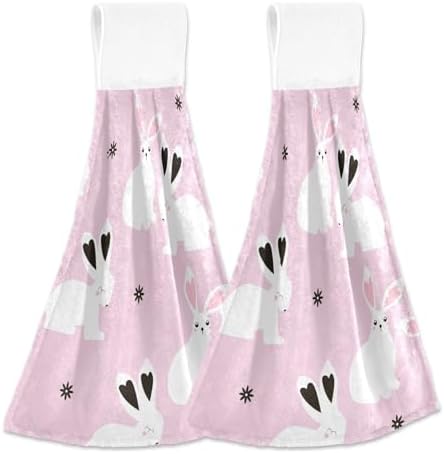 OTVEE Chic White Bunny Pattern Hanging Kitchen Towels 2 Pieces