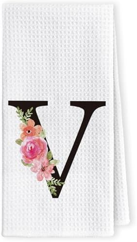 adorable Floral Monogram Letter V Kitchen Towels