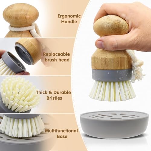 RIMAYBamboo Dish Palm Brush with Holder Set - 2-Pack for Kitchen Cleaning