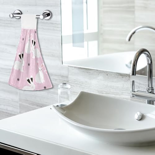 OTVEE Chic White Bunny Pattern Hanging Kitchen Towels 2 Pieces