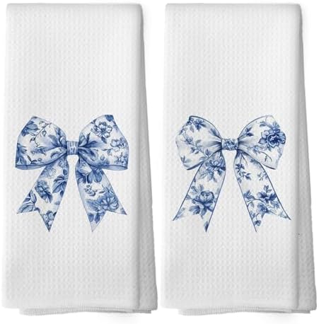 Chinoiserie Bows Set of 2 Trendy Preppy Blue and White Bow Dish Towels