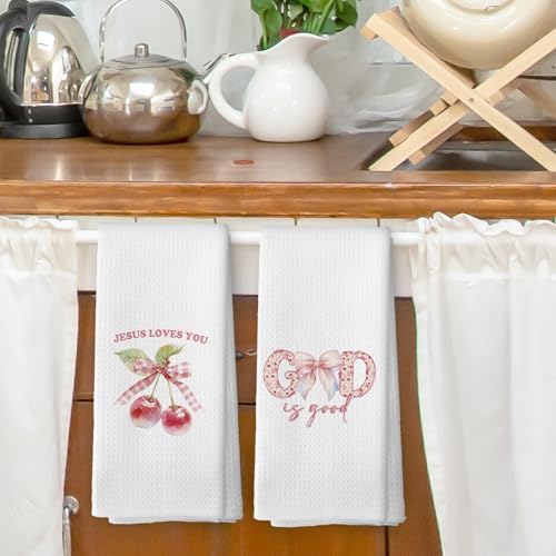 Coquette Bow Christian Dish Towels Set of 2 Pink Girly Kitchen Essentials