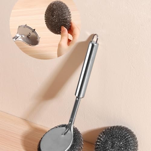 GXFCCStainless Steel Long-Handled Brush Pot Washer Kitchen Helper with 4 Replaceable Heads