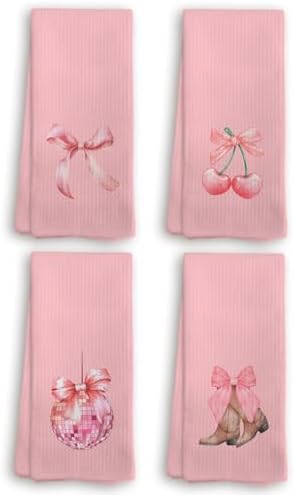 Preppy Kitchen Towels Set of 4 Pink Cherry Decor