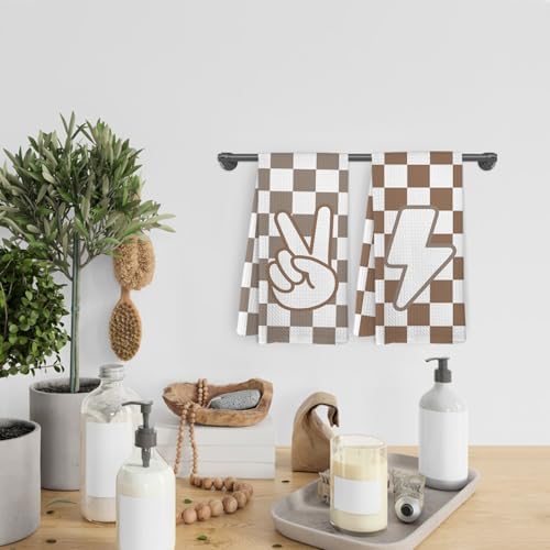 Brown Checkered Kitchen Towels and Dishcloths Set of 2