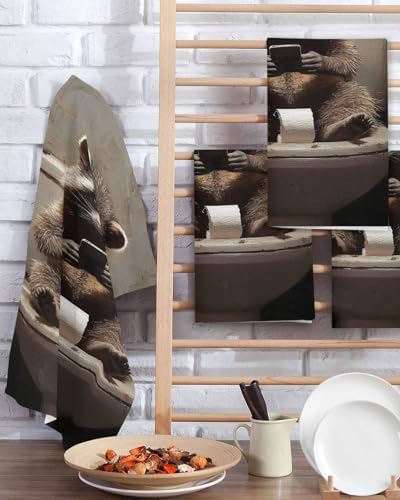 Funny Raccoon Waffle Kitchen Towels Set - 3 in Brown