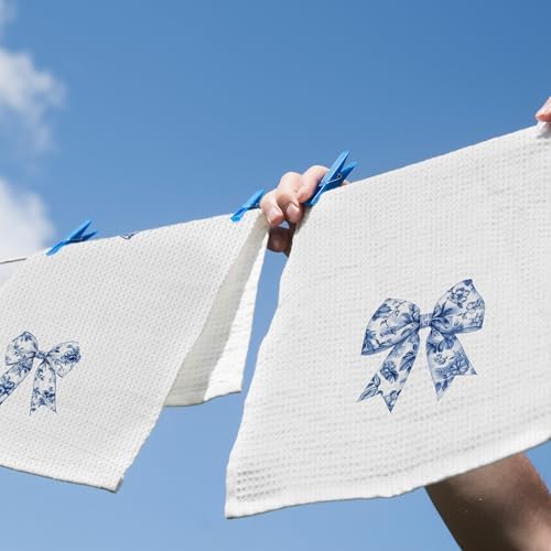 Chinoiserie Bows Set of 2 Trendy Preppy Blue and White Bow Dish Towels