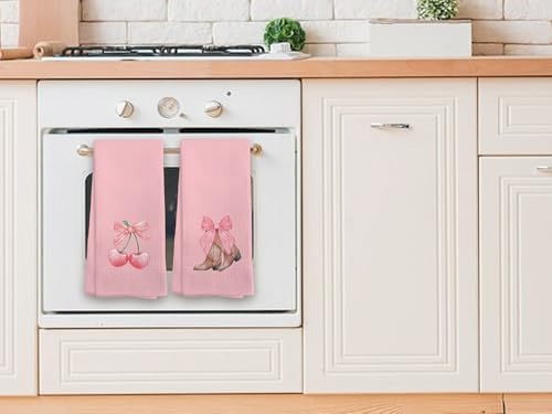 Preppy Kitchen Towels Set of 4 Pink Cherry Decor