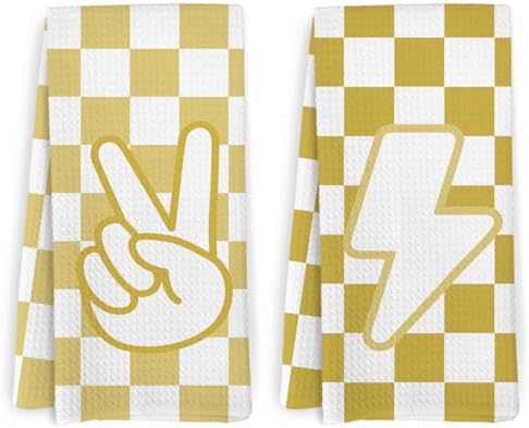 Vibrant Yellow Checkered Summer Kitchen Towels Dishcloths Set
