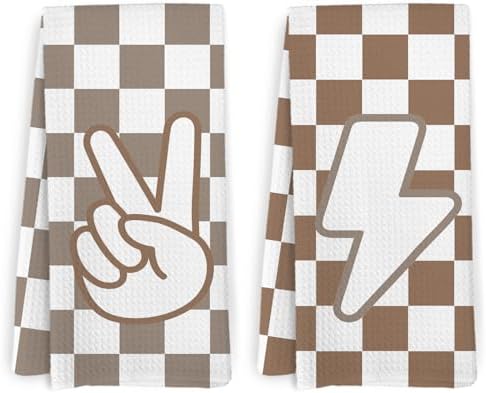 Brown Checkered Kitchen Towels and Dishcloths Set of 2