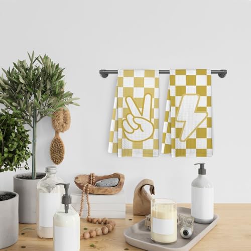 Vibrant Yellow Checkered Summer Kitchen Towels Dishcloths Set