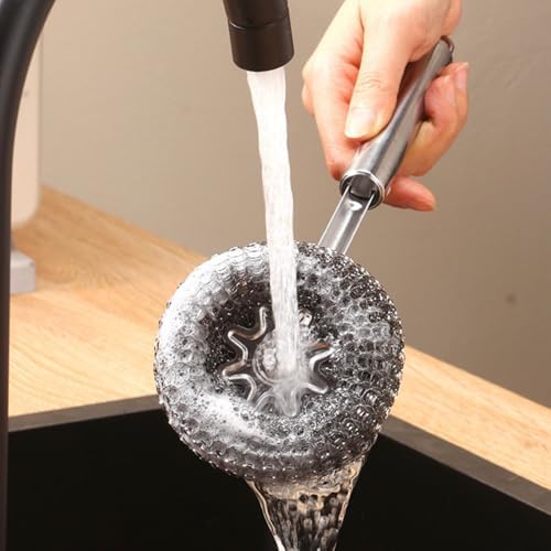 GXFCCStainless Steel Long-Handled Brush Pot Washer Kitchen Helper with 4 Replaceable Heads