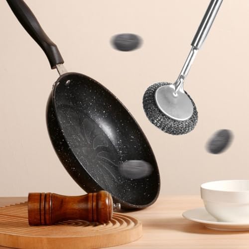 GXFCCStainless Steel Long-Handled Brush Pot Washer Kitchen Helper with 4 Replaceable Heads