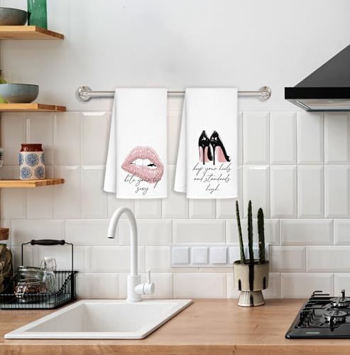 Trendy Pink Black Bathroom Kitchen Towels with Glitter 16x24 Inch Set of 2