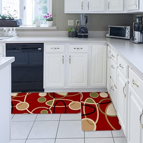 Red Brown Kitchen Bathroom Standing Mat Set 2