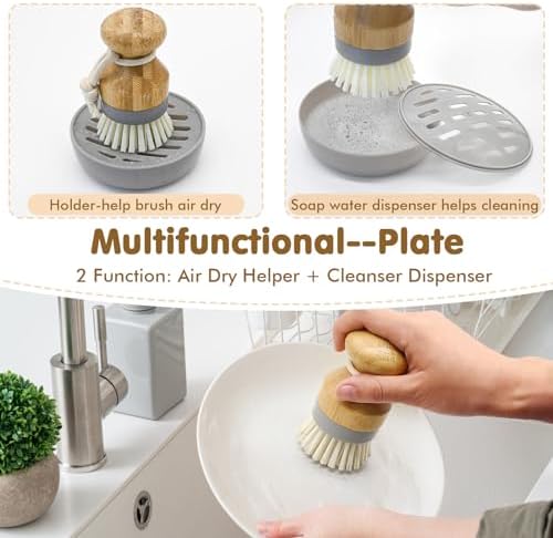 RIMAYBamboo Dish Palm Brush with Holder Set - 2-Pack for Kitchen Cleaning