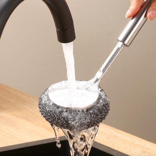 GXFCCStainless Steel Long-Handled Brush Pot Washer Kitchen Helper with 4 Replaceable Heads