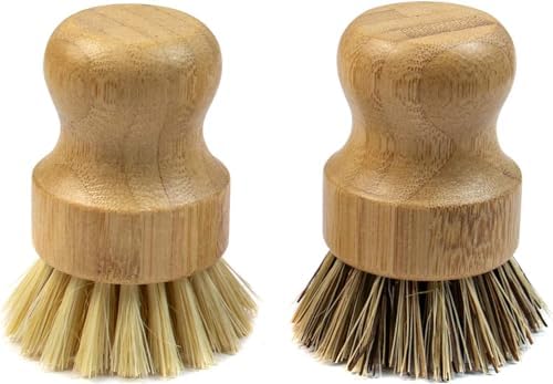 Contoured palm pot brush with bamboo handle durable natural fiber cleaning tool