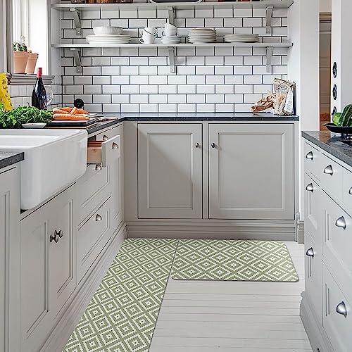 Sage Green Geometric Kitchen Rug Set 2 PCS