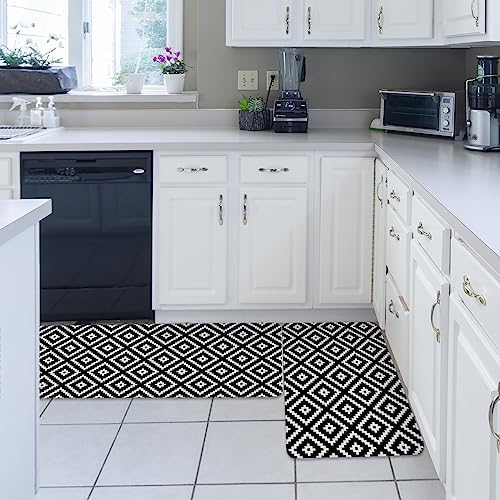 Carosoffe 2-Piece Modern Geometric Kitchen Rugs Set Black Non-Slip Absorbent
