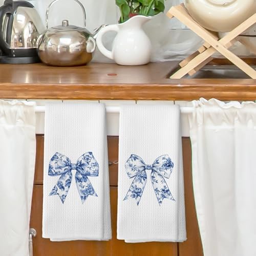 Chinoiserie Bows Set of 2 Trendy Preppy Blue and White Bow Dish Towels