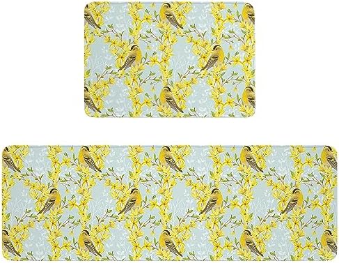 Yellow Flower Birds Kitchen Rug Set 2PCS Non Slip Mats