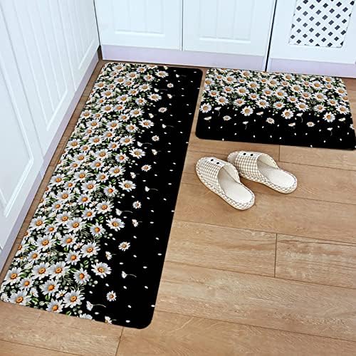 Weeping Flowers Kitchen Rug Set 2PCS White Daisy Non-Slip Mats