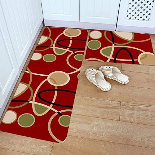 Red Brown Kitchen Bathroom Standing Mat Set 2