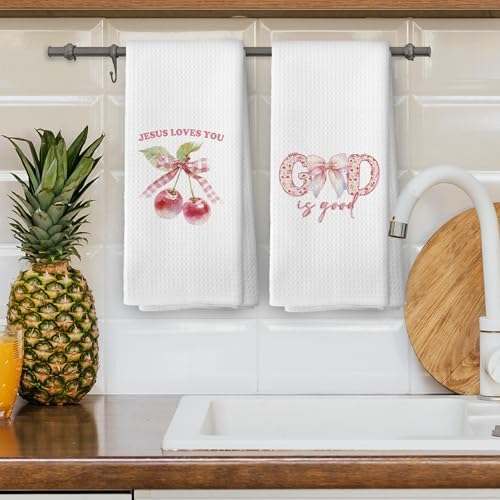 Coquette Bow Christian Dish Towels Set of 2 Pink Girly Kitchen Essentials