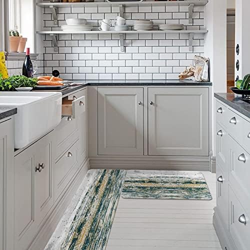 Carosoffe Kitchen Rugs 2-Piece Set - Green Yellow Grey Non-Slip Absorbent