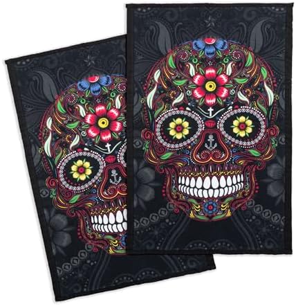 Calavera Skull Kitchen Towels Set - 100 Cotton Dual Weave Halloween Housewarming Gifts Black