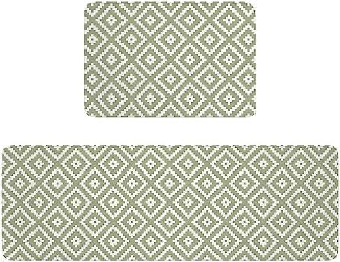 Sage Green Geometric Kitchen Rug Set 2 PCS