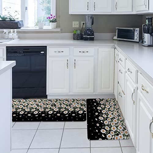 Weeping Flowers Kitchen Rug Set 2PCS White Daisy Non-Slip Mats