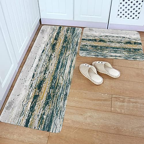 Carosoffe Kitchen Rugs 2-Piece Set - Green Yellow Grey Non-Slip Absorbent