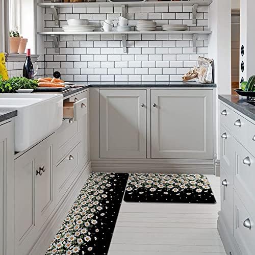 Weeping Flowers Kitchen Rug Set 2PCS White Daisy Non-Slip Mats
