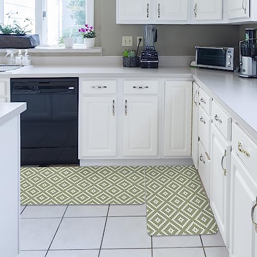 Sage Green Geometric Kitchen Rug Set 2 PCS